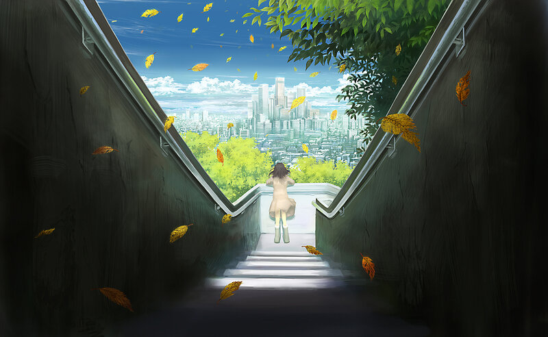 Girl on stairs overlooking city