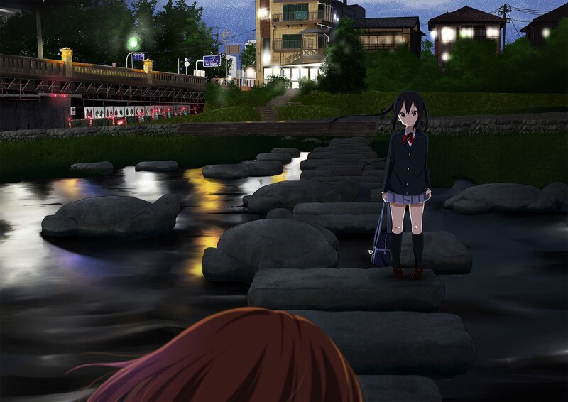 Girl on stepping stones at night