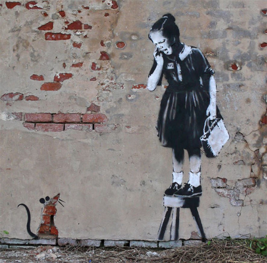 Girl on stool with rat graffiti