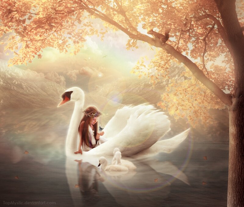 Girl on Swan with Cygnets
