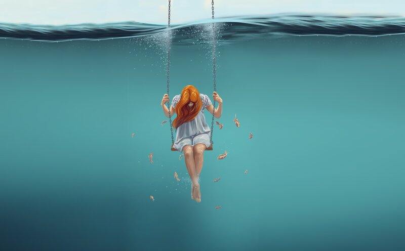 Girl on Swing Underwater — Blue