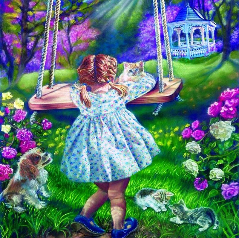 Girl on Swing with Animals