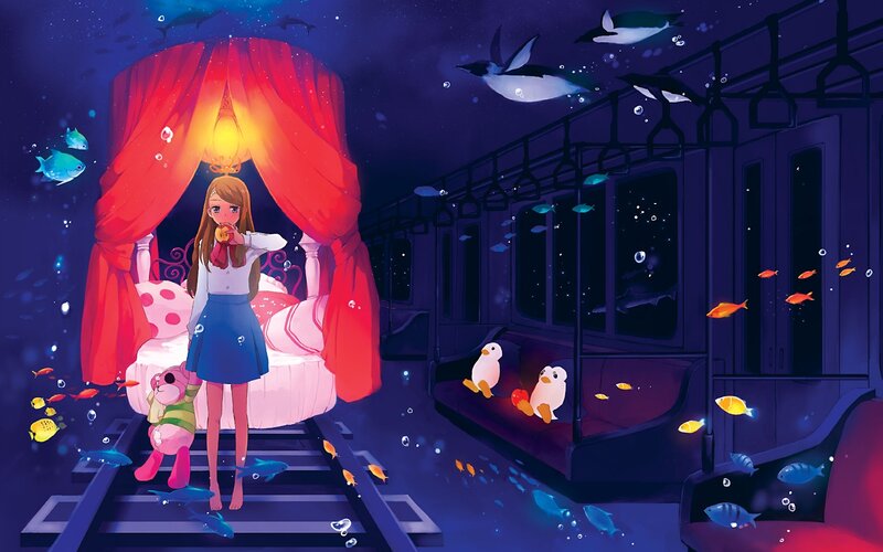 Girl on Train Tracks — Blue, Dreamy