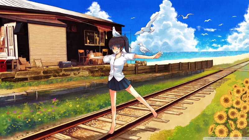 Girl on Train Tracks — Blue, Serene, Afternoon, Anime, Seagulls, Sunflowers