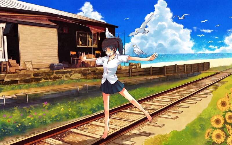 Girl on Train Tracks — Blue, Serene, Afternoon