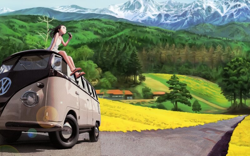 Girl on van in mountain landscape