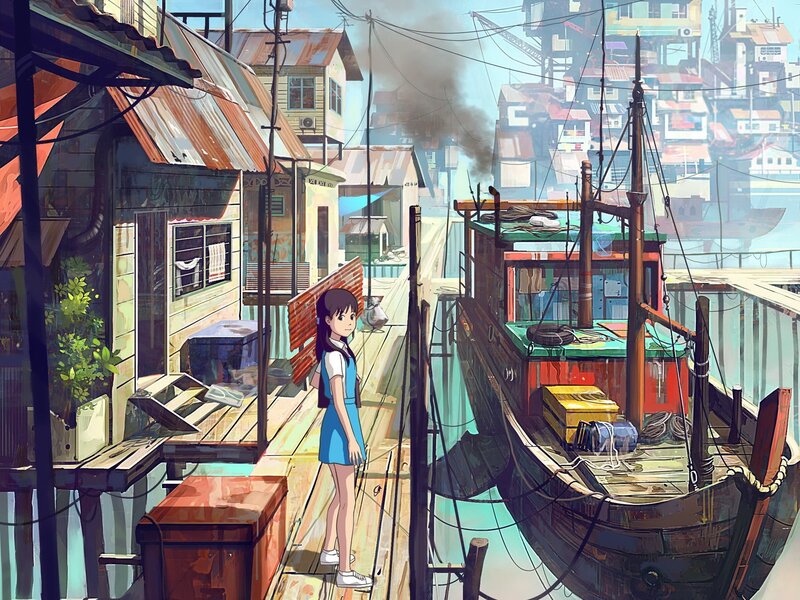 Girl on Wooden Dock — Blue