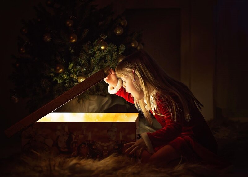 Girl Opening Gift Box — Red, Dramatic