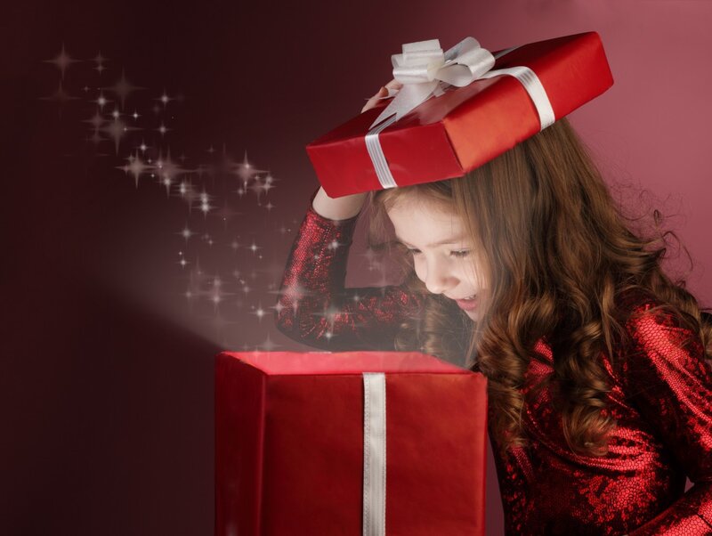 Girl Opening Gift Box — Red, Magical