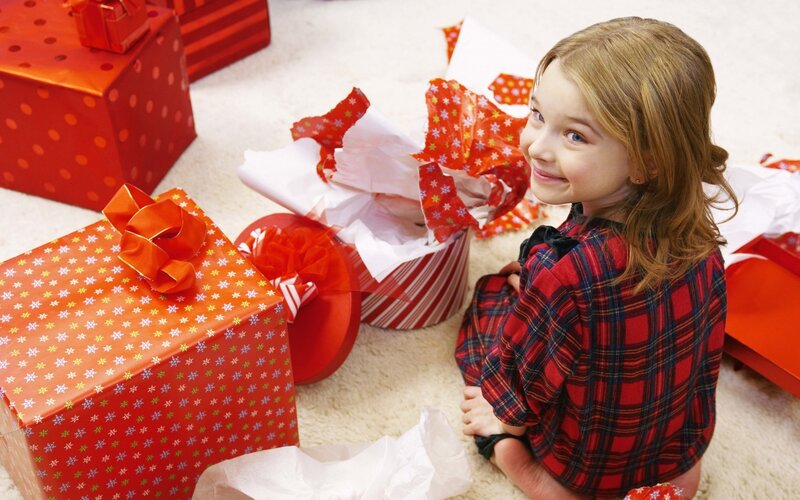 Girl Opening Presents — Red, Happy