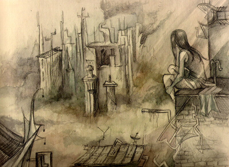 Girl overlooking a ruined city