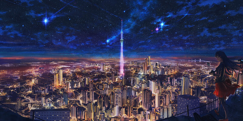 Girl Overlooking City — Blue, Dramatic