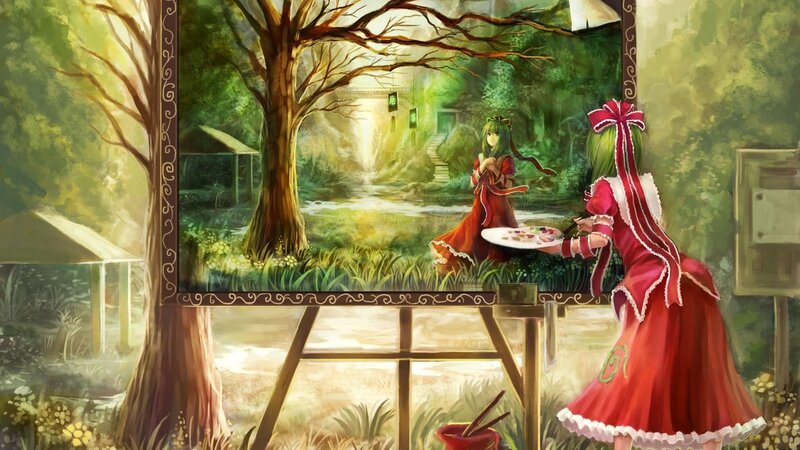 Girl Painting a Landscape — Red
