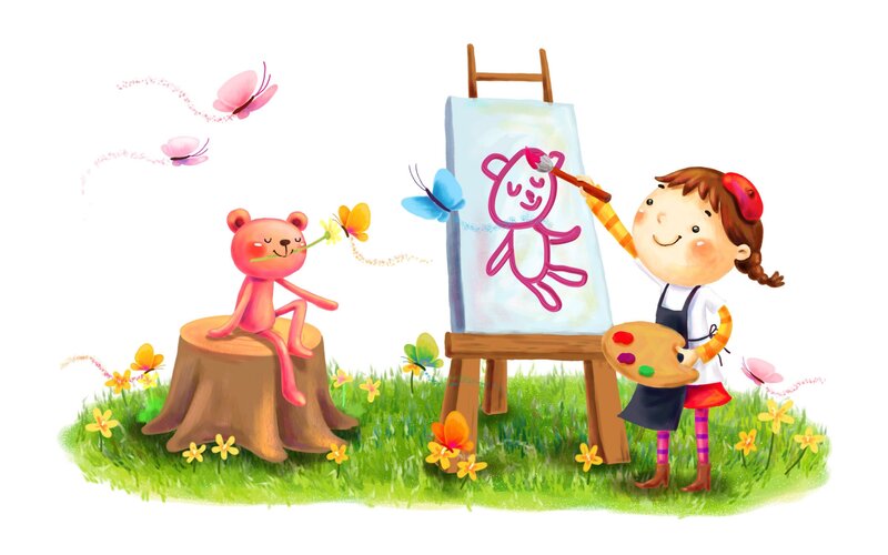 Girl Painting Bear — Green, Playful