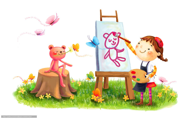 Girl Painting Bear — Green