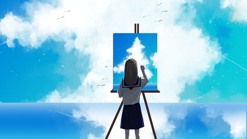 Girl Painting Clouds — Blue