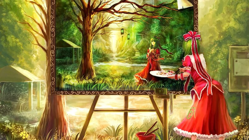 Girl Painting Forest Scene — Red