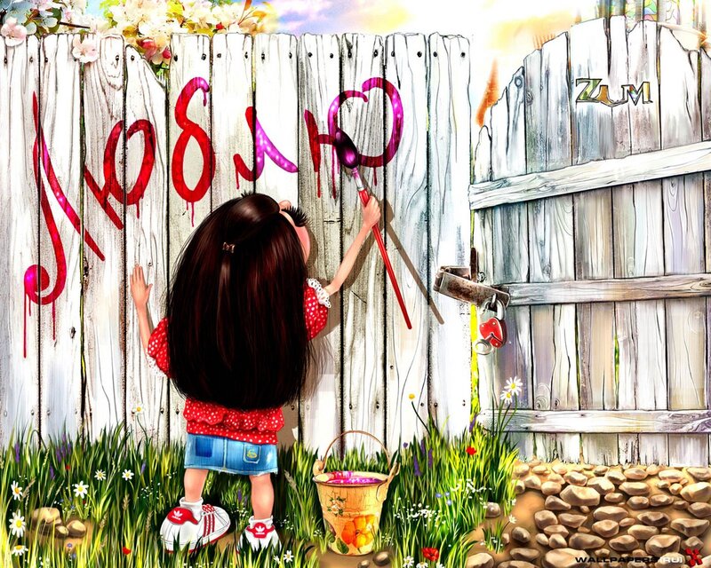 Girl painting on a fence