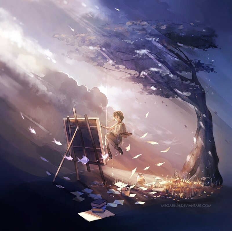 Girl Painting on Easel — Purple