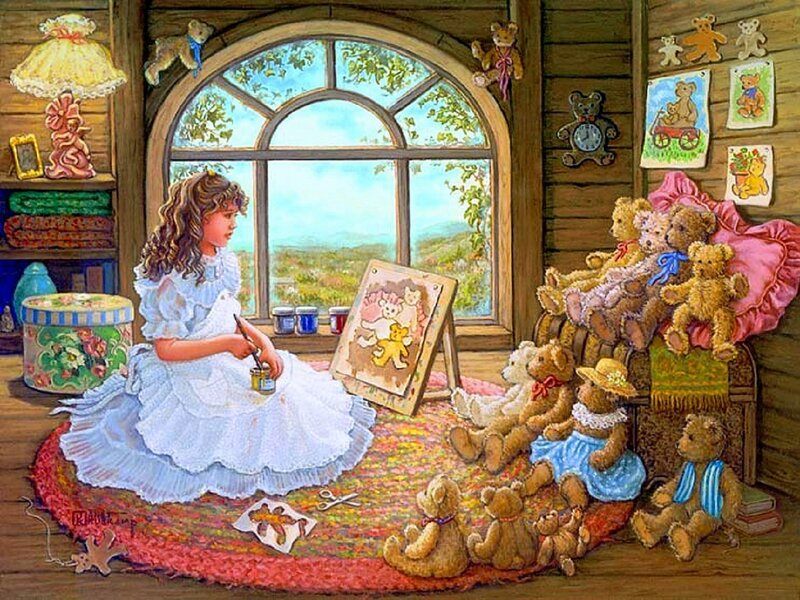 Girl Painting Teddy Bears