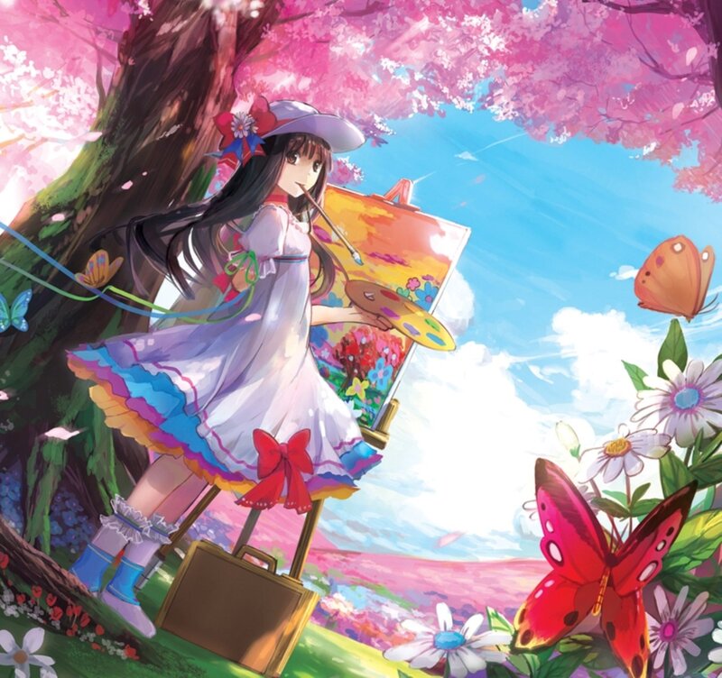 Girl Painting under Cherry Tree