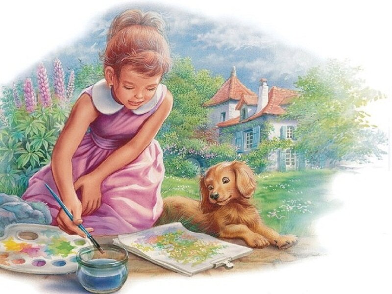 Girl Painting with Dog