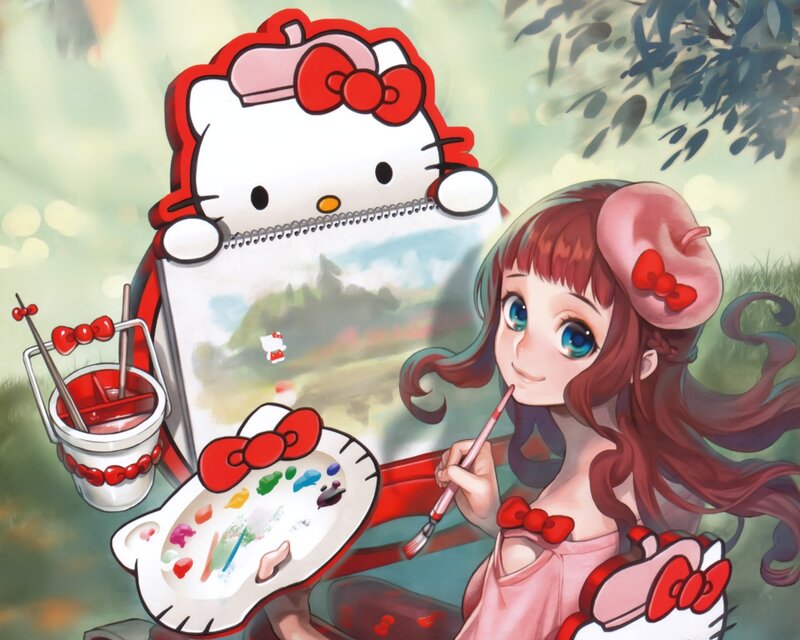 Girl Painting with Hello Kitty