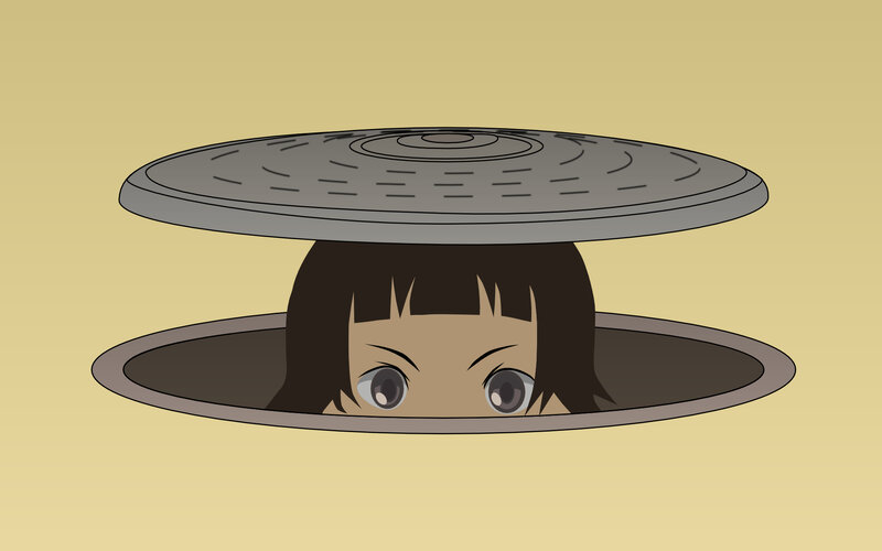 girl peeking from manhole