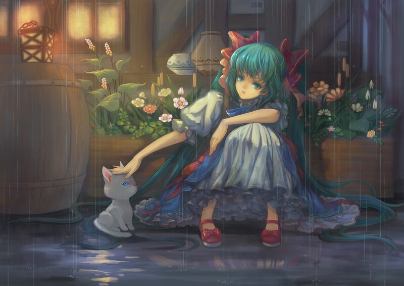 Girl petting a cat in the rain
