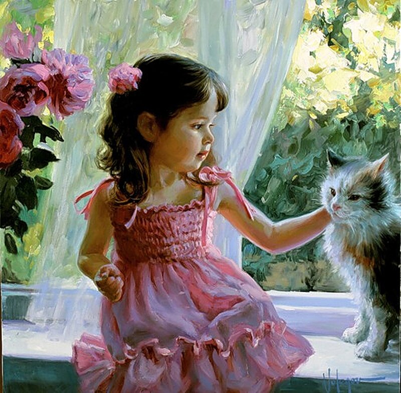 Girl Petting a Cat — Pink, Serene