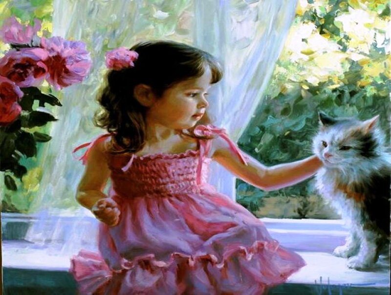 Girl Petting a Cat — Pink