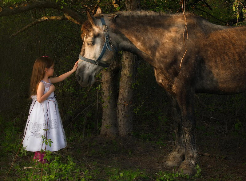 Girl Petting a Horse — Green