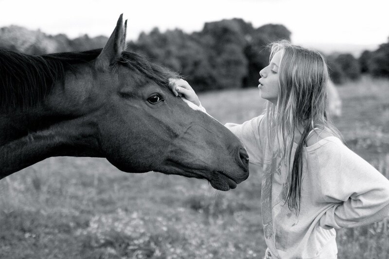 girl petting a horse