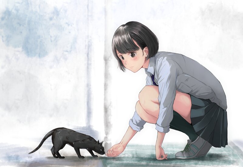 Girl Petting Black Cat