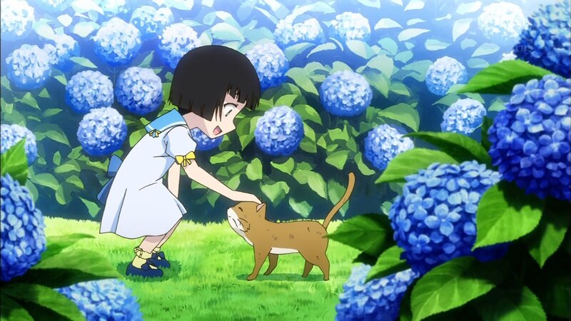 girl petting cat in hydrangea garden