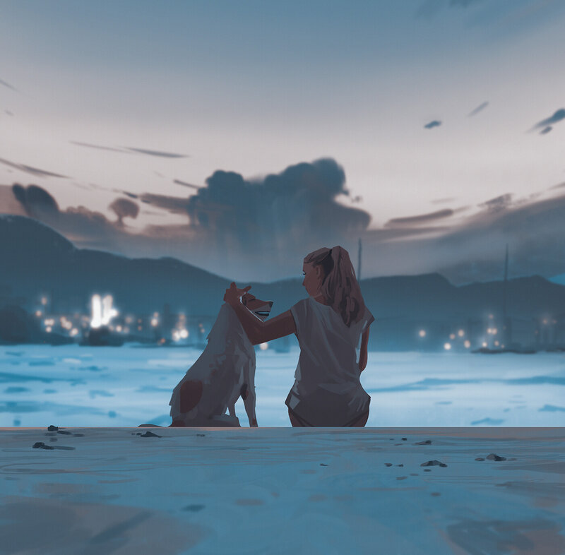 Girl Petting Dog — Blue
