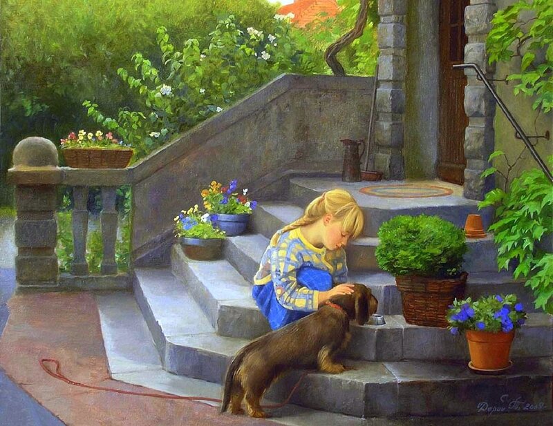 Girl Petting Dog — Green