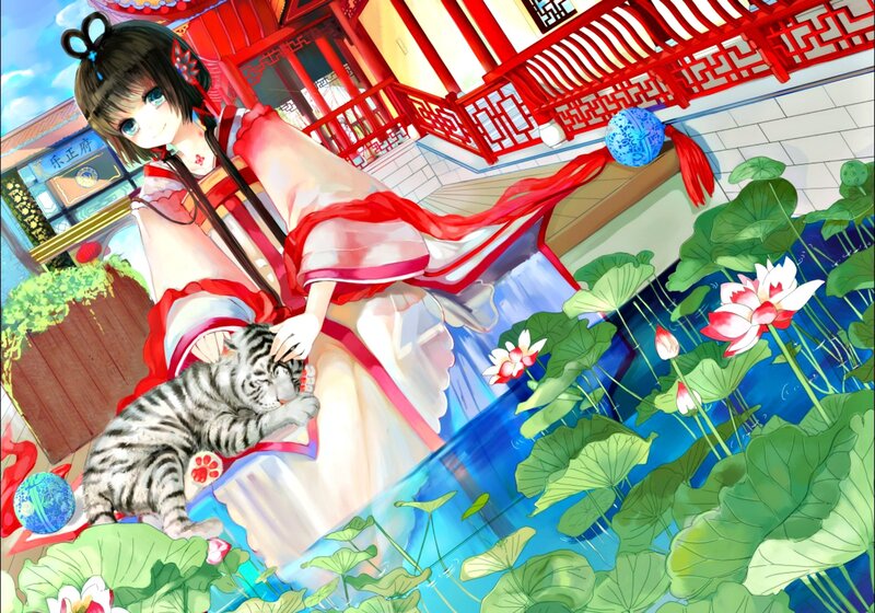 Girl Petting Tiger Cub — Red