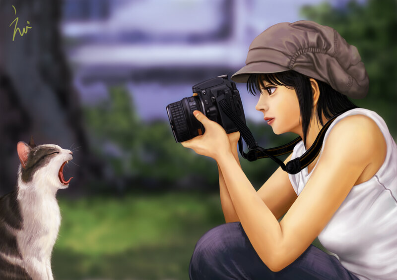 Girl Photographing a Cat