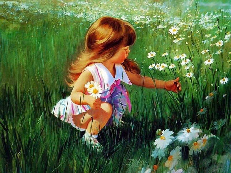 Girl Picking Daisies — Green, Serene