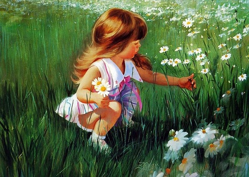 Girl Picking Daisies — Green