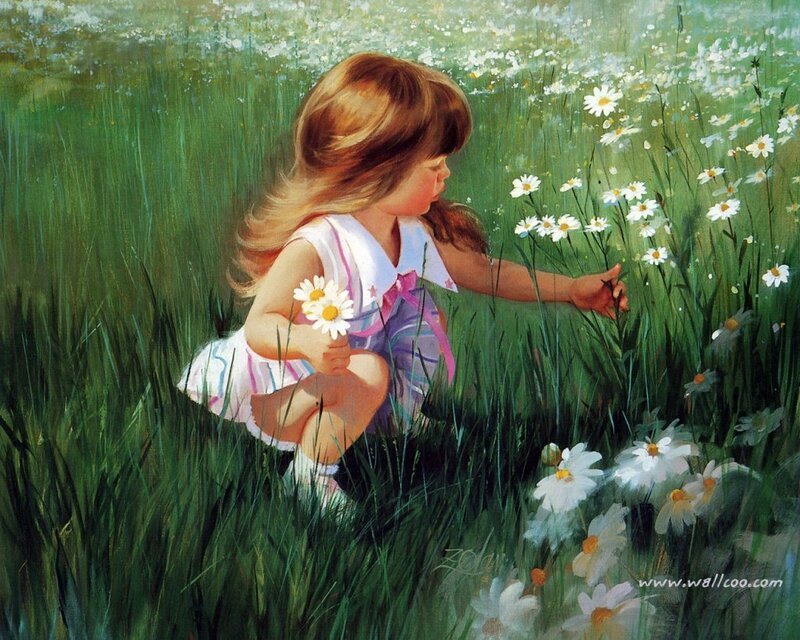 Girl picking daisies in a field