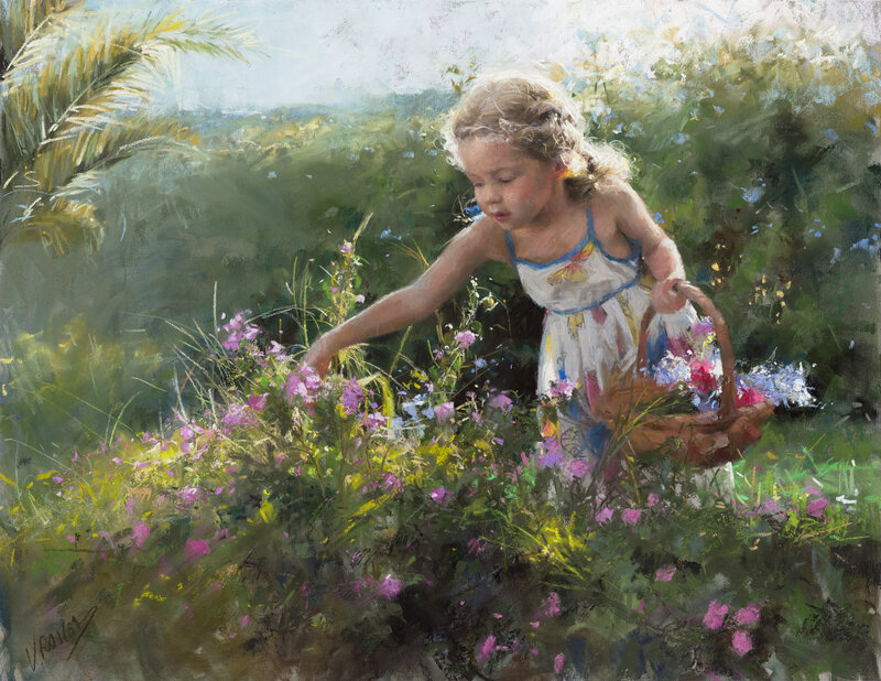 Girl Picking Flowers — Green, Serene, Afternoon, Painting