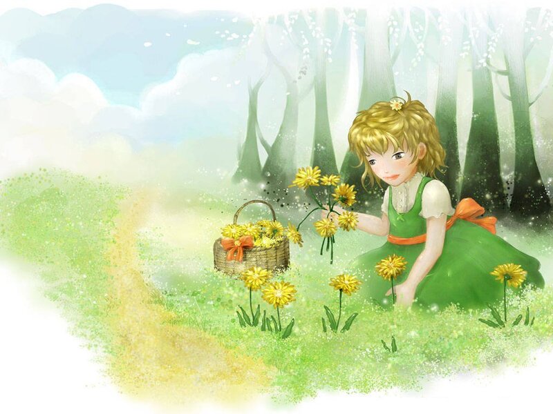Girl Picking Flowers — Green, Serene, Spring