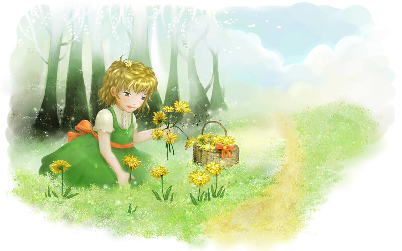 Girl Picking Flowers — Green, Serene