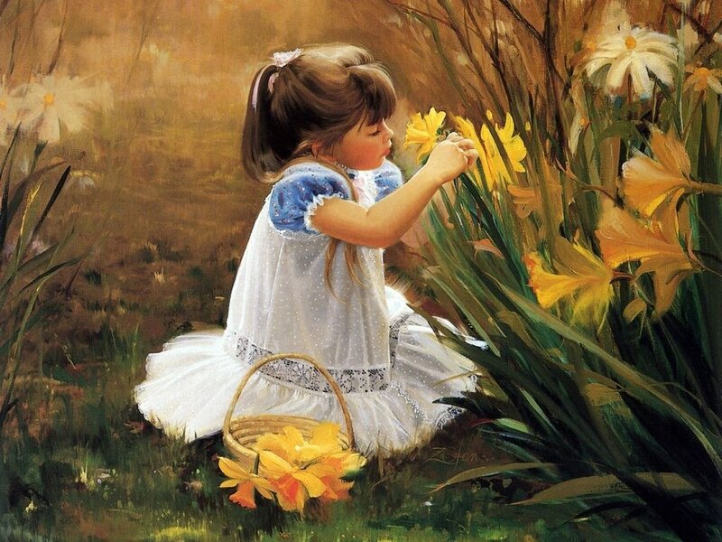 Girl picking flowers in a field