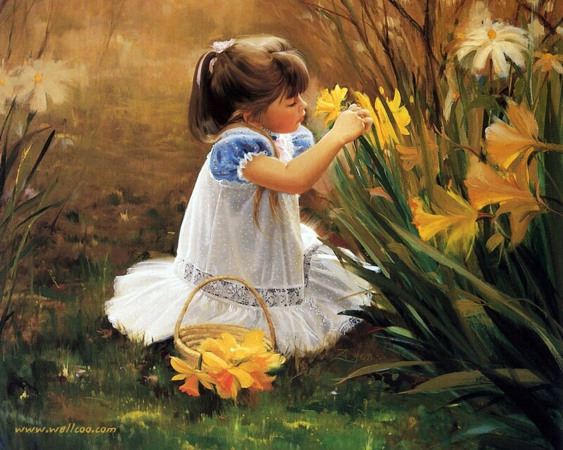 Girl Picking Flowers — Yellow, Serene