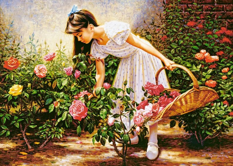 Girl Picking Roses — Pink, Serene, Afternoon