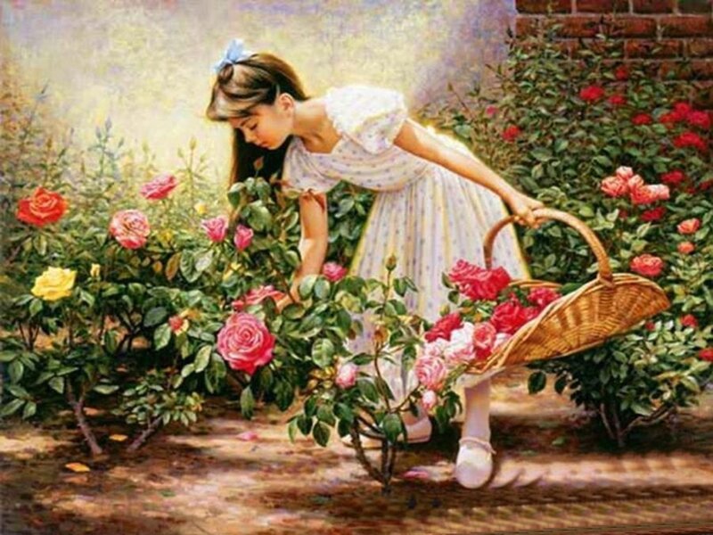 Girl Picking Roses — Pink, Serene
