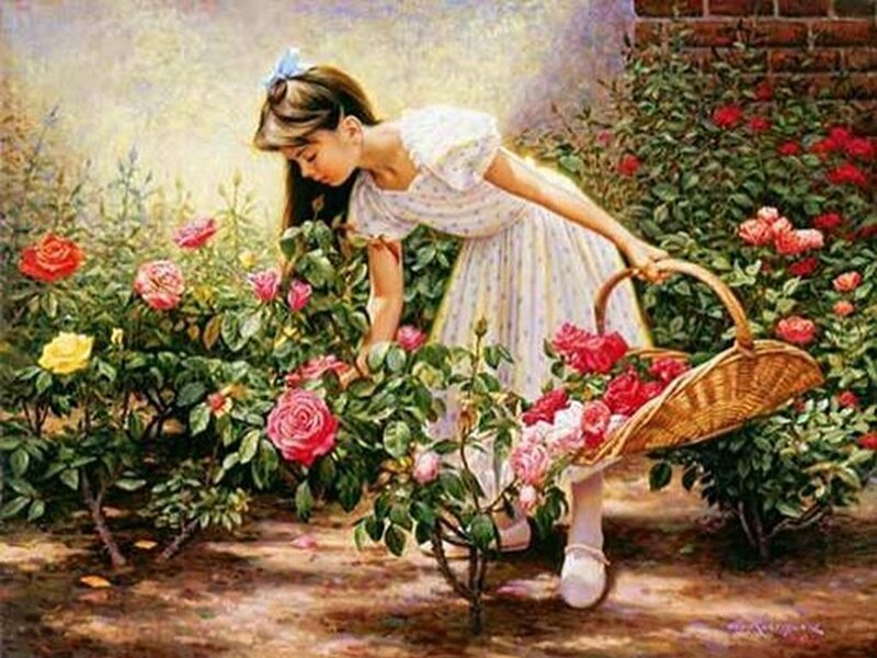 Girl Picking Roses — Pink